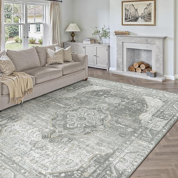 6x9 Grey Washable Vintage Area Rug for Living Room Bedroom Non Slip Distressed Traditional Soft Large Throw Rug Low Pile Lightweight Floral Carpet Office Indoor Playroom Dining Room