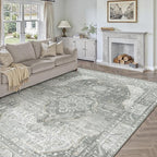 8x10 Grey Washable Vintage Area Rug for Living Room Bedroom Non Slip Distressed Traditional Soft Large Throw Rug Low Pile Lightweight Floral Carpet Office Indoor Classroom Dining Room