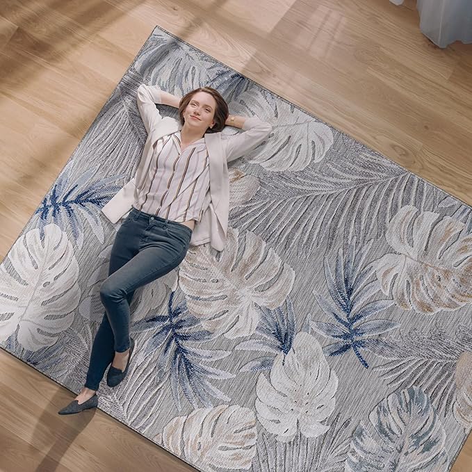 CAMILSON Indoor Outdoor Rug, Blue 5x7 Leaf Tropical Botanical Area Rugs for Indoor and Outdoor patios, Easy-Cleaning Non-Shedding Living Room, Garden and Kitchen Washable Outside Carpet (5 x 7)