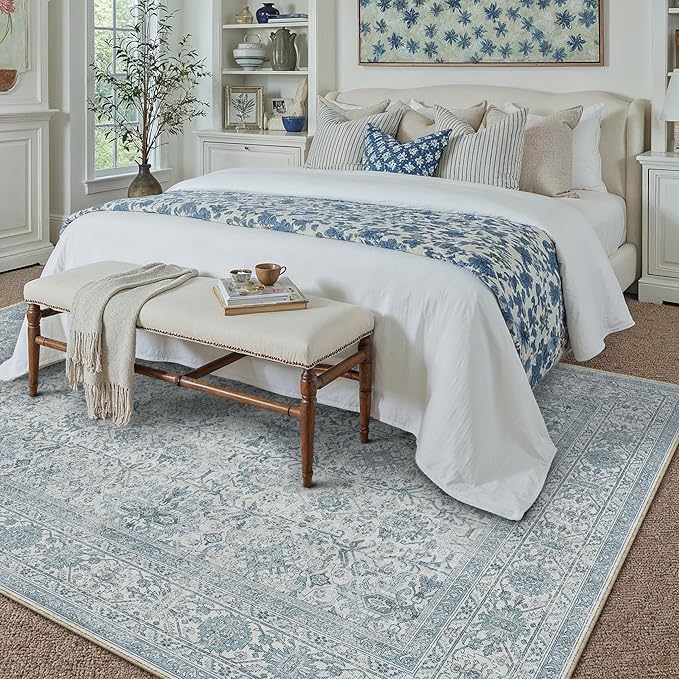 Area Rug 8x10 Blue Washable Living Room Carpet Soft Non Slip Vintage Bedroom Indoor Office Traditional Retro Distressed Large Thicker Throw Rug for Dining Room Playroom