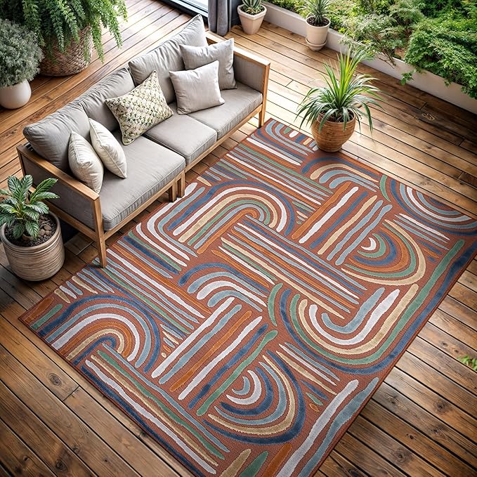 CAMILSON Indoor Outdoor Rug, Orange 8x10 Geometric Arch Striped Area Rugs for Patio and Home Areas, Easy-Cleaning Non-Shedding Living Room, Garden and Deck Washable Outside Carpet (8 x 10)