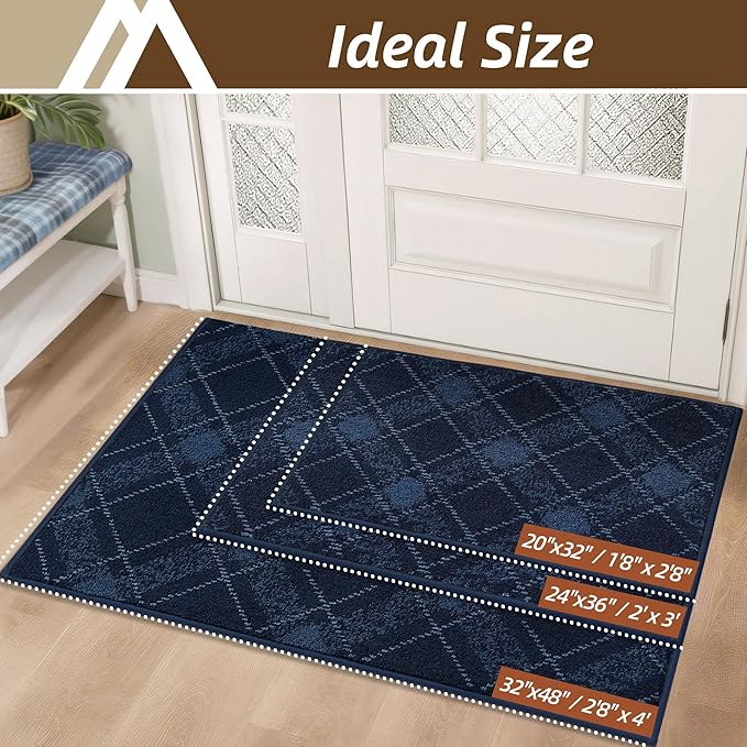 COSY HOMEER Plaid Door Mat 32" x 48",Dirt Trapper Entryway Rugs,Non-Slip Washable Farmhouse Doormat,Low Profile Welcome Mats for Paws Navy Blue