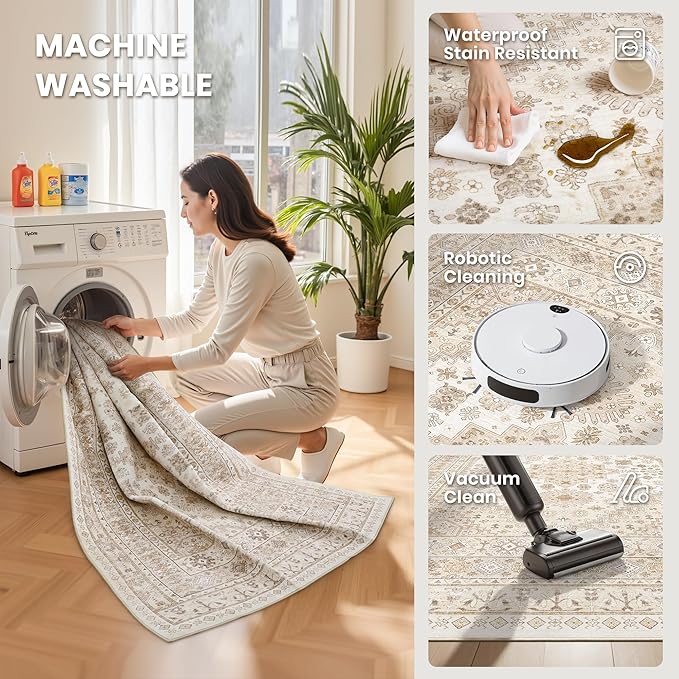 zesthome 5x8 Area Rugs - Ultra-Thin Washble Rug, Stain Resistant Anti Slip Backing Rugs for Living Room,Bedroom, Vintage Home Decor Area Rug(Cream/Beige,5'x8')