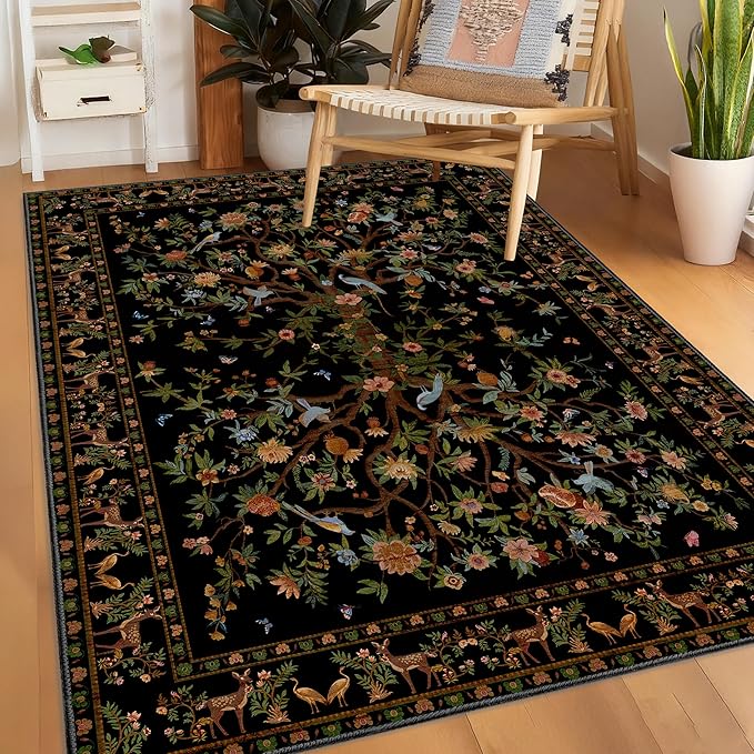 Black Area Rug 3x5 Washable, Non-Slip Small Rug Carpet, Floral Boho Low Pile Soft Throw Rugs for Entryway, Bedroom, Kids Room, Dorm, Office, Nursery, Vintage Home Decor