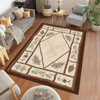 Country Cottage Deer Area Rugs 5x7ft Animal Plant Pine Cone Leaves Branches Patchwork Pattern Featured Indoor Floor Rugs, Vintage Style Non-Slip Non-Shedding Rugs for Farmhouse Office Living Room