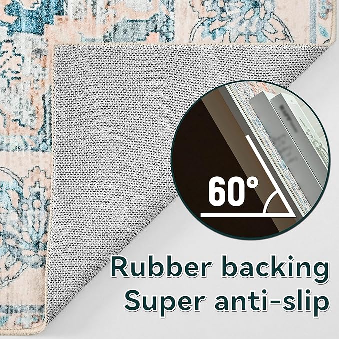 YJ.GWL Area Rugs for Living Room 5x7 Machine Washable Rugs, Non Slip Floral Vintage Rug Indoor Carpet, Stain Resistant Large Rug for Bedroom Dining Room, Dark Blue