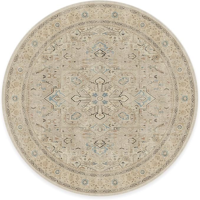 RUGGABLE Washable Vintage Area Rug – Kamran Ivory Opal 8 ft Round, Stain-Resistant, Non-Slip – Large Machine Washable Rugs for Living Room, Bedroom, Hallway, Entryway & Office–with Standard Pad