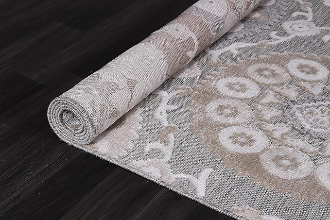CAMILSON Indoor Outdoor Rug 6x9 Bohemian Medallion Floral Area Rugs for Indoor and Outdoor Patios Easy-Cleaning Non-Shedding Living Room Garden and Kitchen Washable Outside Carpet (6 x 9 / Beige)