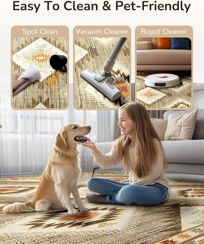 Area Rug 6x9 Rug Machine Washable Non-Slip Low Pile Print Pattern Western Rug for Living Room Bedroom Entryway Tribal Series -Cream/Camel