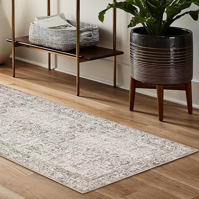 Gray Runner Rug 3x8 Hallway Machine Washable Kitchen Vintage Distressed Non Slip Long Carpet Indoor Grey Retro Floral Bedroom Accent Throw Rug for Bathroom Office Laundry Dining Living Room