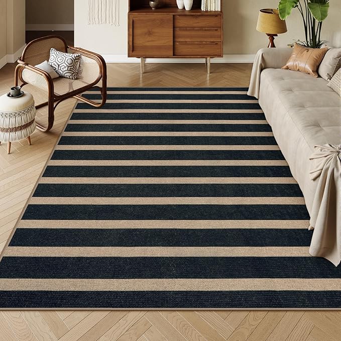 Lahome Striped Easy Jute Area Rug 6x9, Outdoor Patio Rug Neutral Black Carpet for Living Room Classroom, Farmhouse Low Pile Non Slip Non Shedding Floor Carpet for Dining Room Office