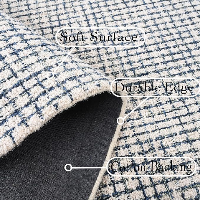 Hand-Tufted 100% Wool Pile Area Rug – Geometric Textured Grid Check Pattern – Thick and Durable Floor Carpet for Bedroom, Living Room, Kids Room, and Dining Area (Ivory Denim, 9' x 13')