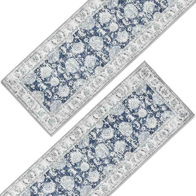 jinchan Fiora Runner Rug 3x10-2pcs Kitchen Washable Vintage Hallway Rug Floral Print Floor Cover Indoor Thin Retro Mat Accent for Bathroom Laundry Room Bedroom Office Farmhouse (Double, Dark Blue)