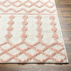 Hauteloom Tilos Moroccan Farmhouse Living Room Bedroom Nursery Shag Area Rug - Shaggy Carpet - Trellis Pattern - High Plush Pile - Cream, Pink, Beige - 5'3" x 7'