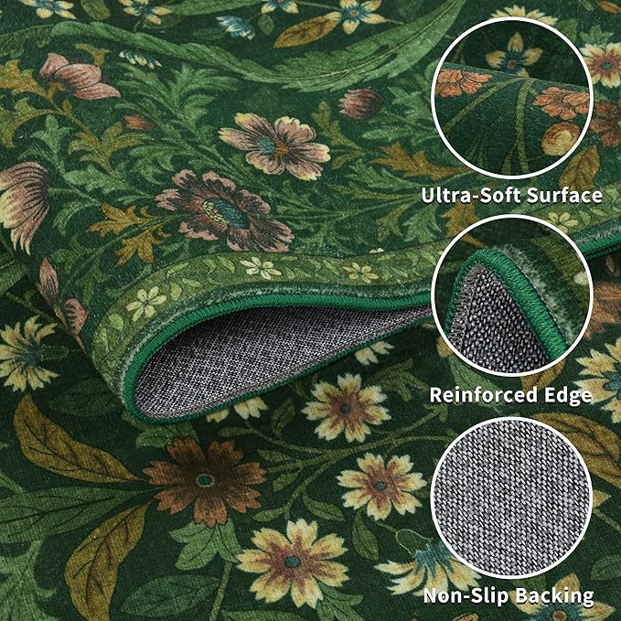 4x6 Dark Green Floral Boho Area Rug,Low-Pile Stain Resistant Non-Slip Machine Washable Carpet for Living Room,Bedroom, Kitchen,Entryway,Dining Room, Nursery