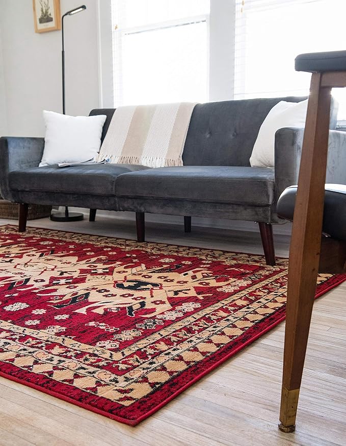 Unique Loom Taftan Collection Border Geometric Tribal Inspired Design Area Rug (4' 0 x 6' 0 Rectangular, Red/ Gold)