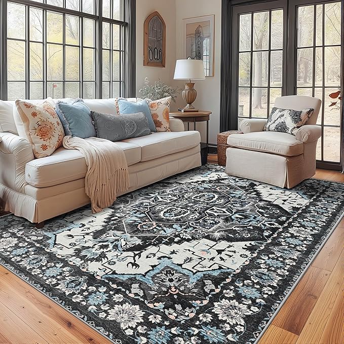 YJ.GWL Area Rugs for Living Room 5x7 Machine Washable Rugs, Non Slip Floral Vintage Rug Indoor Carpet, Stain Resistant Large Rug for Bedroom Dining Room, Black Grey Blue