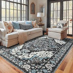 YJ.GWL Area Rugs for Living Room 5x7 Machine Washable Rugs, Non Slip Floral Vintage Rug Indoor Carpet, Stain Resistant Large Rug for Bedroom Dining Room, Black Grey Blue