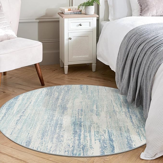MUJOO Round Rug 4ft,Small Cicle Area Rug Washable,Circular Rugs for Entryway Bedroom Kitchen,Modern Abstract Non Slip Throw Carpet Accent Neutral Blue
