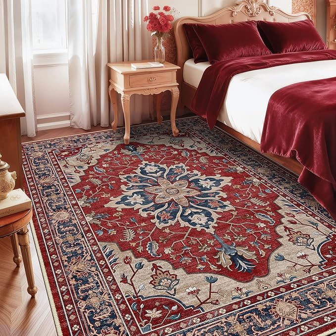 Area Rugs 8'x10' Washable Non-Slip, Floral Vintage Distress Print Pattern Medallion Carpet for Living Room Bedroom Dining Room, Red Blue