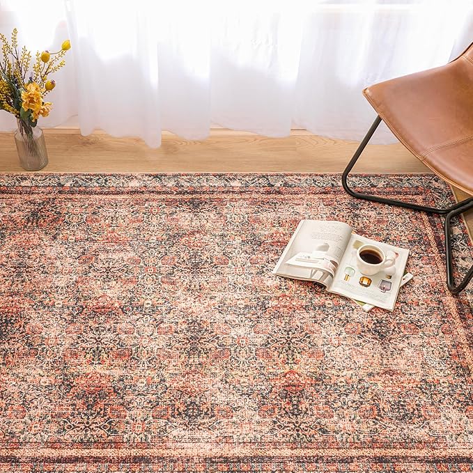 Phantoscope Washable Area Rug 4'x6' Non-Slip, Vintage Neutral Xmas Rugs for Living Room, Bedroom, Dining Room, Distressed Boho Floral Medallion Pattern, Low-Pile Foldable Floor Carpet, Brick Red/Black