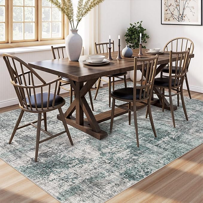 5x7 Area Rug Living Room Rugs - Washable Neutral Modern Abstract Soft Thin Large Rug Indoor Floor No Slip Rug Carpet for Bedroom Under Dining Table Home Office Decor - Green/Grey