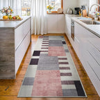 Bloom Rugs Washable Non-Slip 12 ft Runner - Beige/Pink Modern Geometric Runner for Entryway, Hallway, Bathroom, and Kitchen - Exact Size: 2.5' x 12'