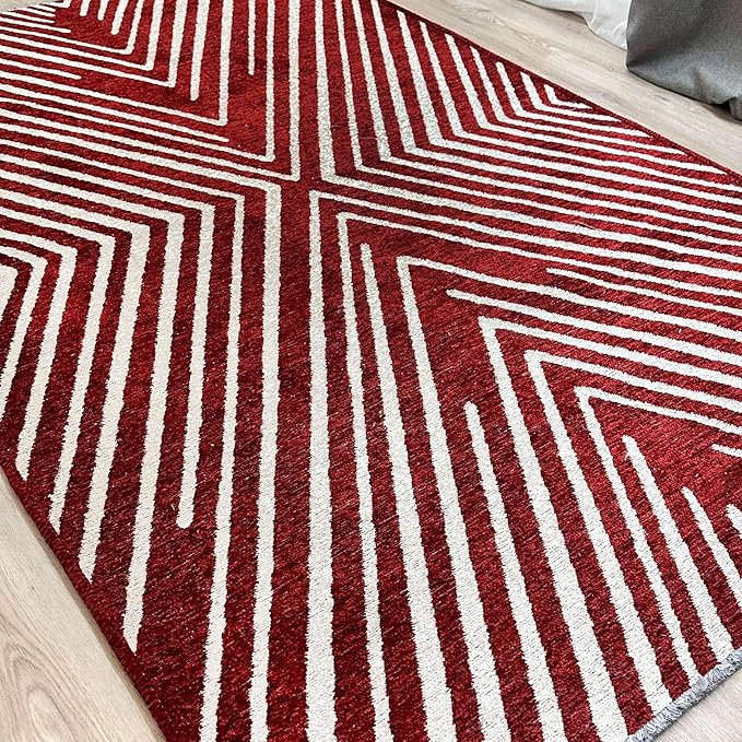 Alfa Rich 5x8 Geometric Red Burgundy Off White Washable Area Rugs for Living Room Bedroom Cotton Rug