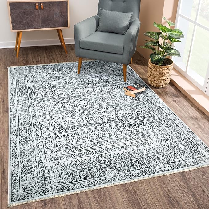 Bloom Rugs Caria Washable Non-Slip 6x9 Rug - Ivory/Black Geometric Area Rug for Living Room, Bedroom, Dining Room, and Kitchen - Exact Size: 6' x 9'