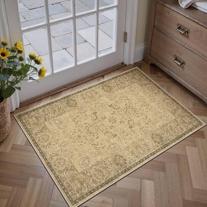 HUGEAR 2x3 Machine Washable Entryway Rugs Vintage Brown - Neutral Non Slip Stain Resistant Low Pile Aesthetic Throw Carpet Kids & Pet Friendly for Hallway Bedroom Kitchen