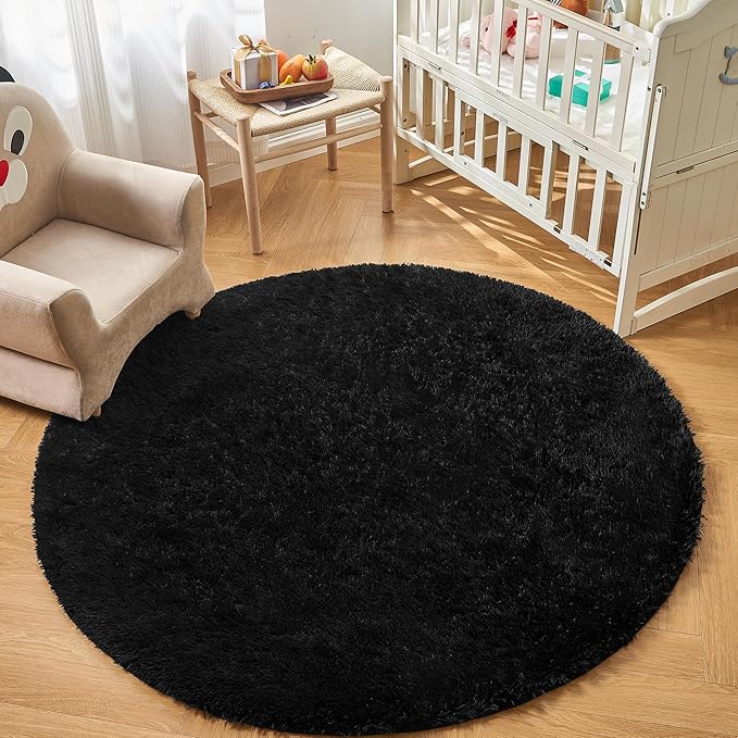 Andency Black Round Area Rug for Bedroom, Soft Shag Circle Rug 4x4 for Room, Fluffy Faux Fur Carpet for Home Decor, Circular Fuzzy Plush Rug for Living Room Playroom