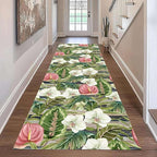 Runner Rug 2.6x10ft Non-Slip - Tropical Floral Watercolor Boho with Orchids & Leaves - Washable Entryway Carpet for Hallway, Bedroom, Dining Room - Green Pink Design