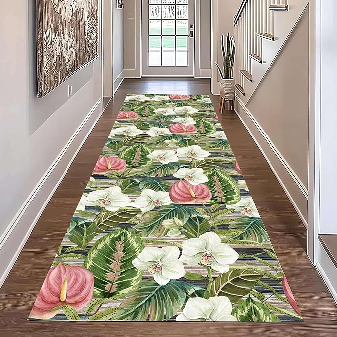Runner Rug 2x7ft Non-Slip - Tropical Floral Watercolor Boho with Orchids & Leaves - Washable Entryway Carpet for Hallway, Bedroom, Dining Room - Green Pink Design