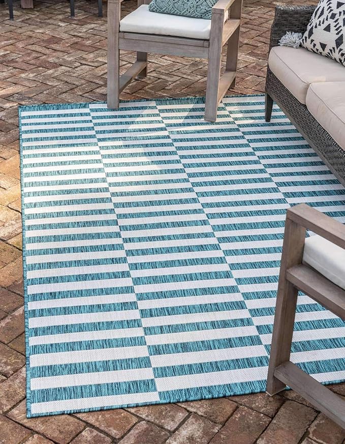 Unique Loom Outdoor Striped Collection Area Rug - Striped (7' 1" x 10' Rectangle, Teal/Ivory)