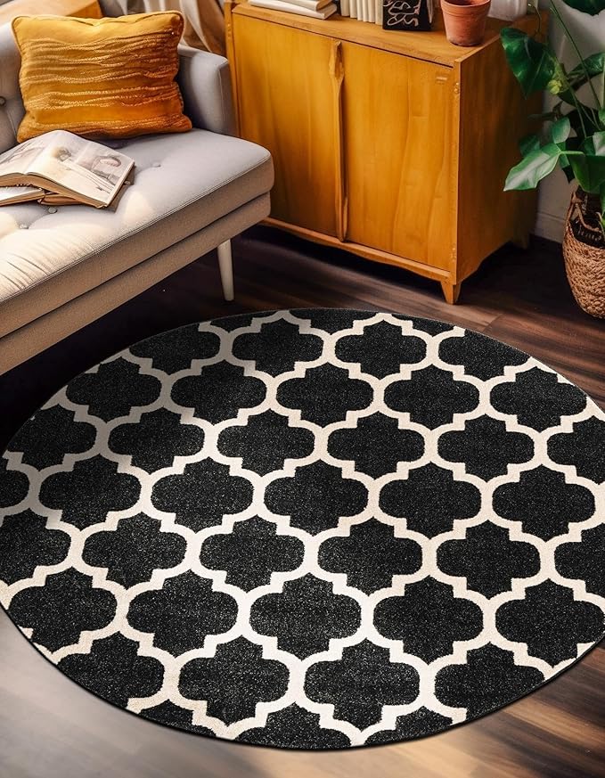 Rugs.com Lattice Collection Rug – 3 Ft Round Black Medium-Pile Rug Perfect for Kitchens, Dining Rooms