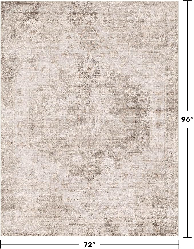 Neutral Farmhouse Area Rug for Bedroom - 6x8 Washable Rug for Dining Room Table, Ultra-Thin Soft Textured Boho Indoor Decor, Fade & Stain Resistant