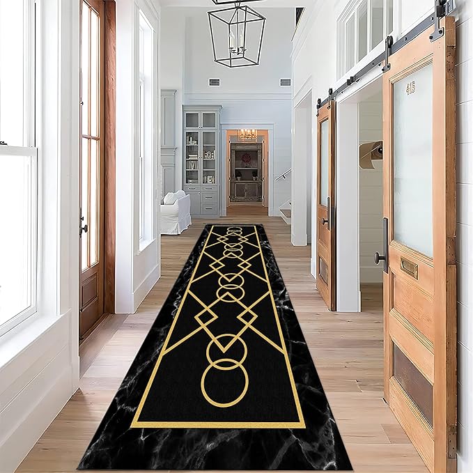 Luxury Gold Stamped Texture Hallway Runner Rug for Walkway, 2x10ft, Abstract Black Marble Background Entrance Carpets, Minimalist Geometric Decoration Absorbent Mat for Floor Office