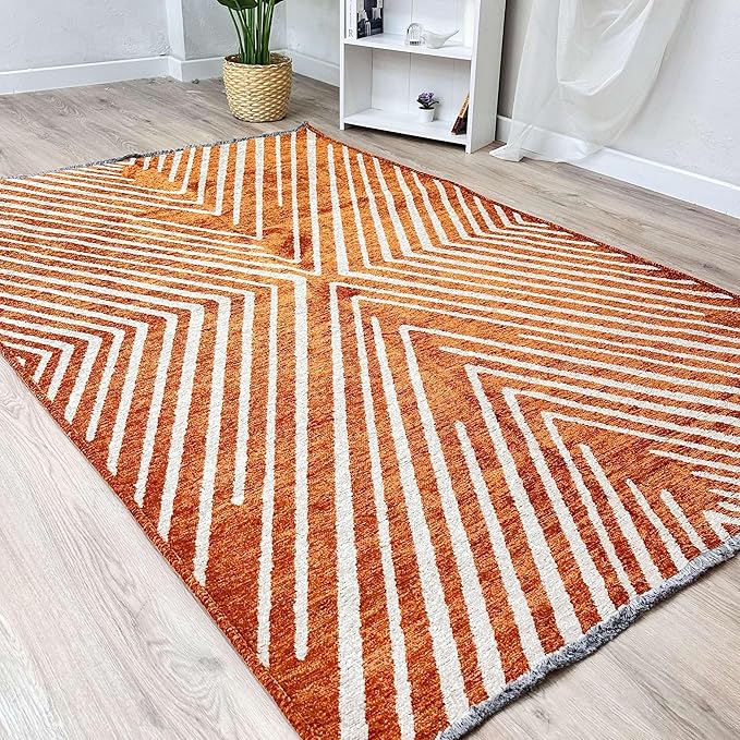Alfa Rich 5x8 Geometric Burnt Orange Off White Washable Area Rugs for Living Room Bedroom Cotton Rug