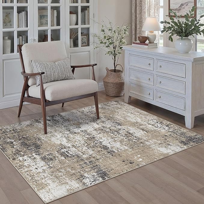 Washable Brown Area Rug 3x5 Modern Abstract Office Carpet Neutral Soft Entryway Door Mat Low Pile Non Slip Indoor Throw Rug for Kitchen Bathroom Bedroom Laundry Living Dining Room