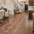 Tangsoo Boho Hallway Runner Rug 2.6x12 Washable Runner Rug for Hallways, Non Slip Vintage Soft Low Pile Long Rug Runner, Oriental Terracotta Carpet Runners for Kitchen Bedroom Entryway Living Room