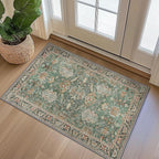 3x5 Rug Washable Small Area Rug Non Slip for Entryway Bedroom Bathroom Kitchen, Boho Green Rug, Thin Low Pile Foldable Carpet, Vintage Farmhouse, Dark Sage/Gold