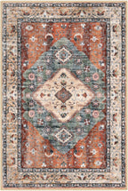KOZYFLY Boho Area Rug 8x10 Ft Thin Rugs for Living Room Washable Bedroom Rug Non Slip Rugs for Living Room Rust/Orange/Blue Printed Faux Wool Vintage Bedroom Rug Floor Carpet for Dining Room
