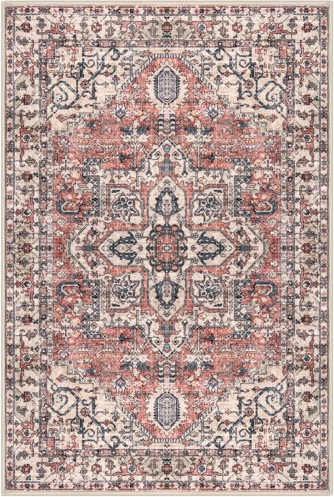 KOZYFLY Area Rug 4x6 Ft Washable Rugs for Entryway Non Slip Faux Wool Printed Throw Rug for Kitchen Bedroom Hallway Living Room Indoor Floor Decoration, Terracotta/Beige