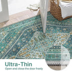 Bavni Runner Rug 2x10 Kitchen Rugs for Hallways Entryway, Washable Vintage Print Carpet, Ultra-Thin Chenille Low Pile Lightweight Rug with Non Slip Backing, Blue/Green