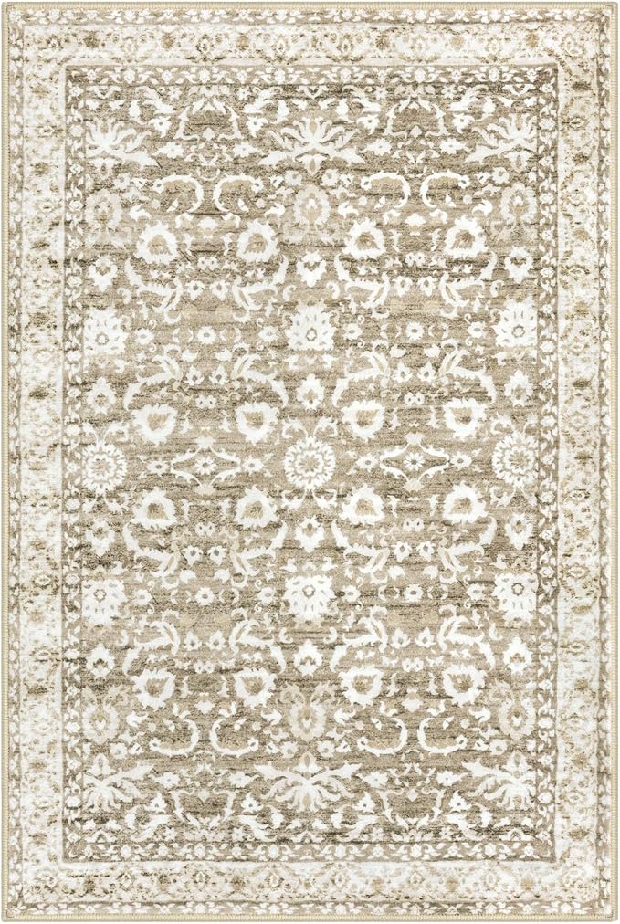 Vintage Entryway Rug 2x3 Washable, Beige Tan White Kitchen Rug, Super Soft Thin 100% Polyester Small Area Rug, Non-Slip Accent Mat for Foyer, Bedroom, Office