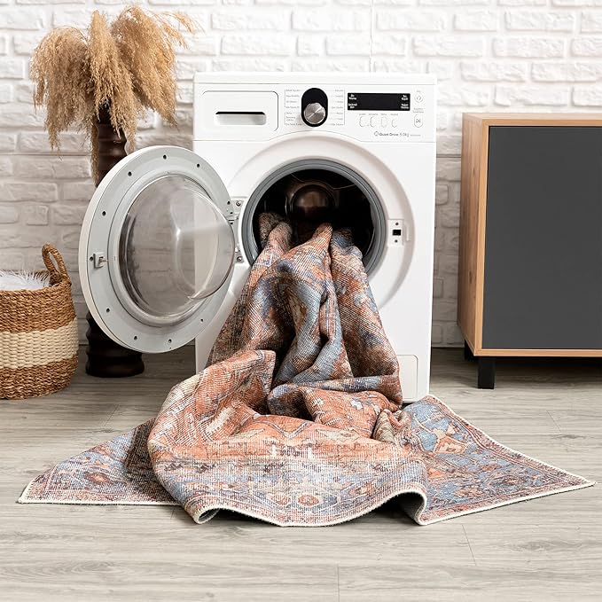 Bloom Rugs Washable 5' x 7' Rug - Terracotta/Blue Traditional Area Rug for Living Room, Bedroom, Dining Room, and Kitchen - Exact Size: 5' x 7'