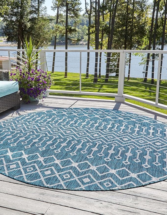 Unique Loom Outdoor Trellis Collection Area Rug - Tribal Trellis (13' Round, Teal/ Ivory)