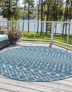 Unique Loom Outdoor Trellis Collection Area Rug - Tribal Trellis (7' 10" Round, Teal/ Ivory)