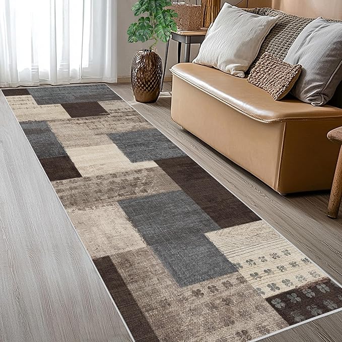 Modern Geometric Patchwork Indoor Runner Rug for Living Room, Blue-Taupe 2.7'x 8' Rug Rockwood Collection Hardwood Floors Decor for Bedroom, Blue Throw Carpet for Office Entryway Dining Room