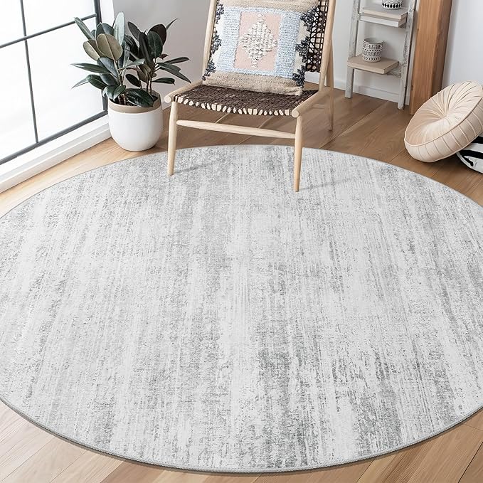 MUJOO Round Rugs 5ft,Circle Area Rug Washable,Circular Rugs for Living Room Dining Room,Modern Abstract Non Slip Throw Carpet Accent Neutral Grey